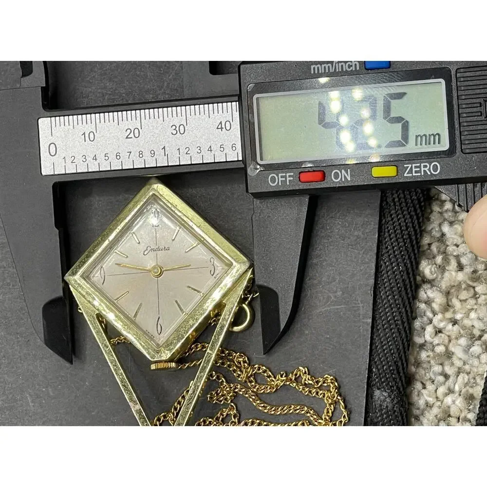 Vtg Endura 1970s Geometric Ladies Swiss Made Pendant Watch Necklace Gold Tone
